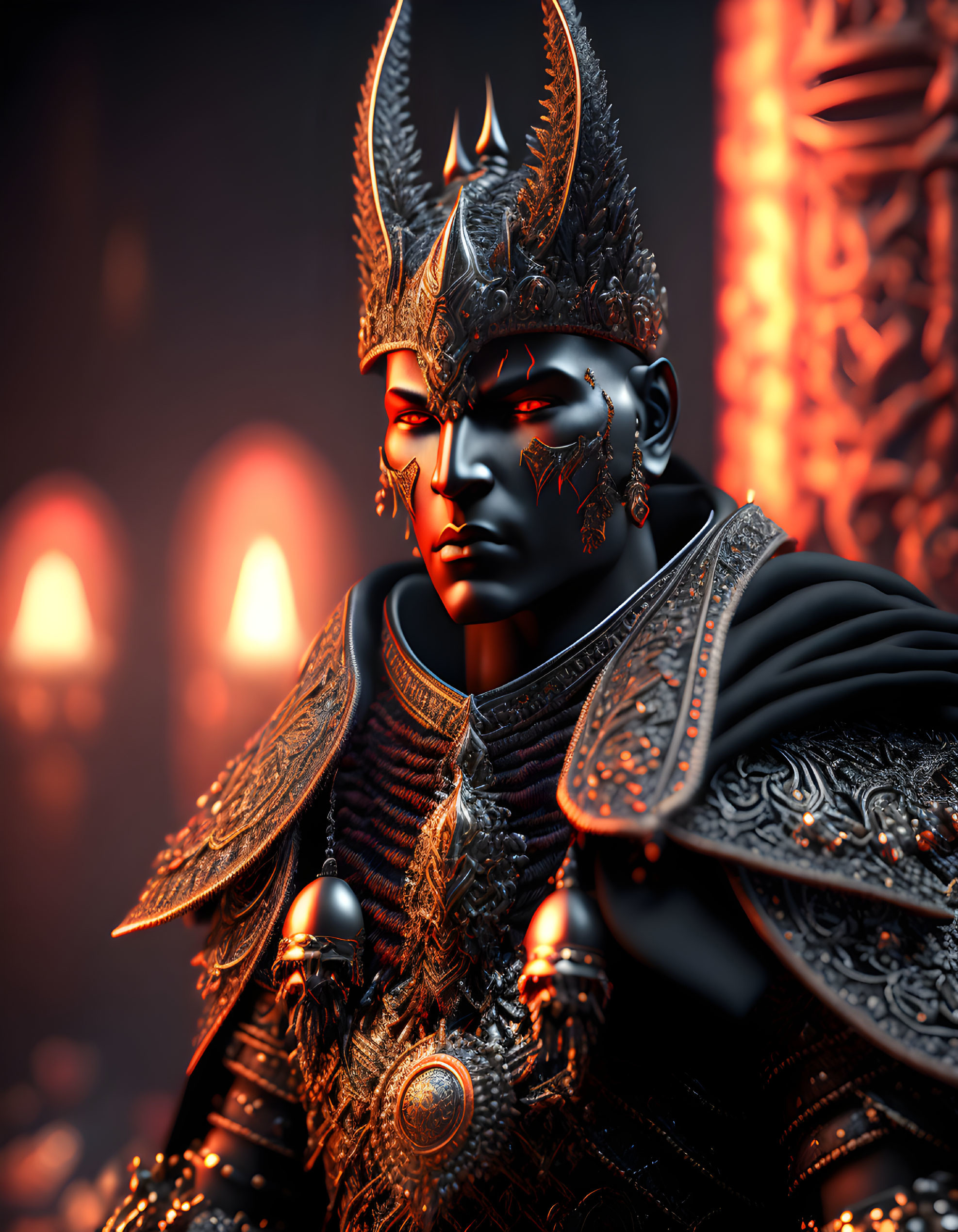 Regal figure in metallic blue armor with spiked crown against torch-lit backdrop