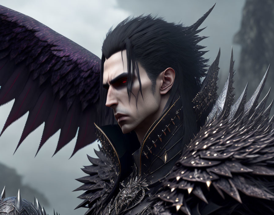 Dark character in black spiky armor with wings and red eyes on misty grey background