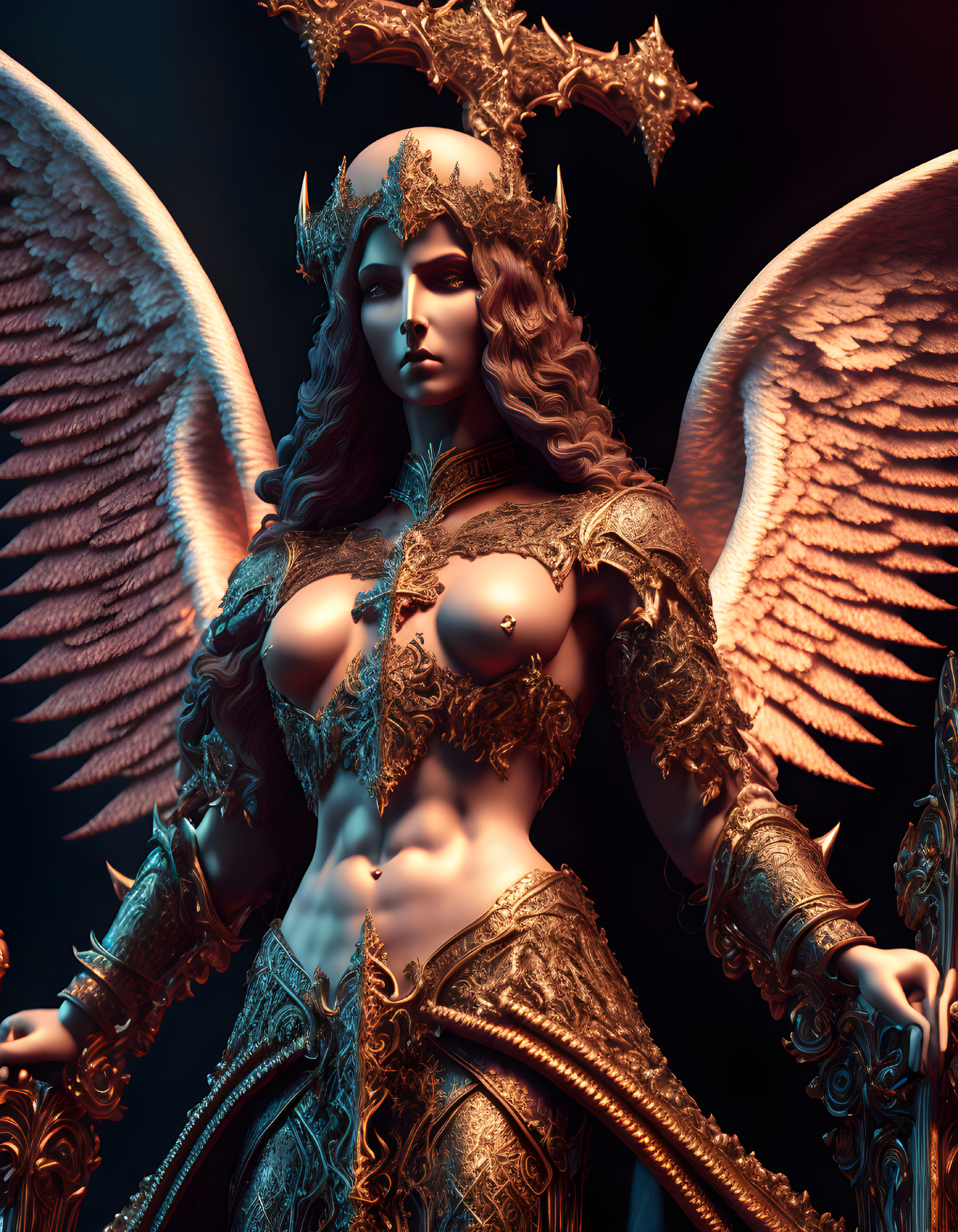 Detailed 3D rendering of fantasy female warrior with feathered wings and golden armor