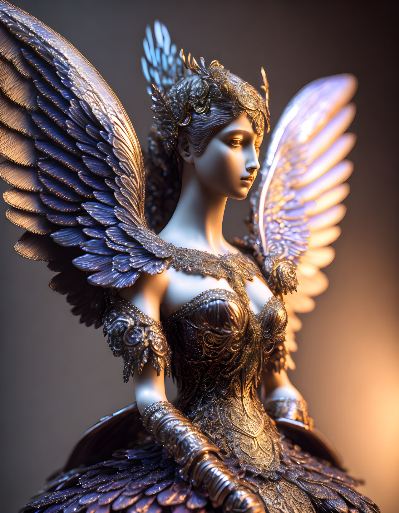 Intricately detailed statue of winged female figure in ornate armor