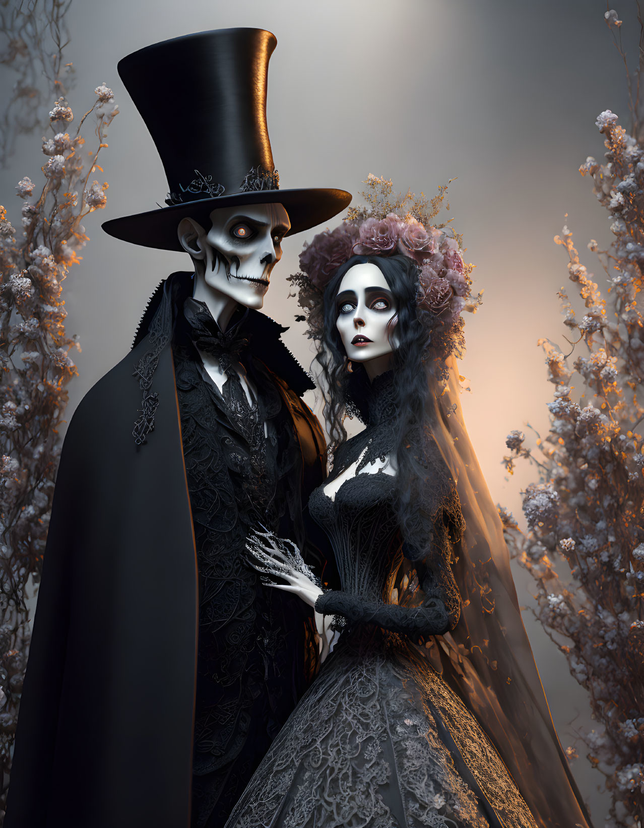 Gothic bride and groom in Victorian wedding attire amid faded blooms