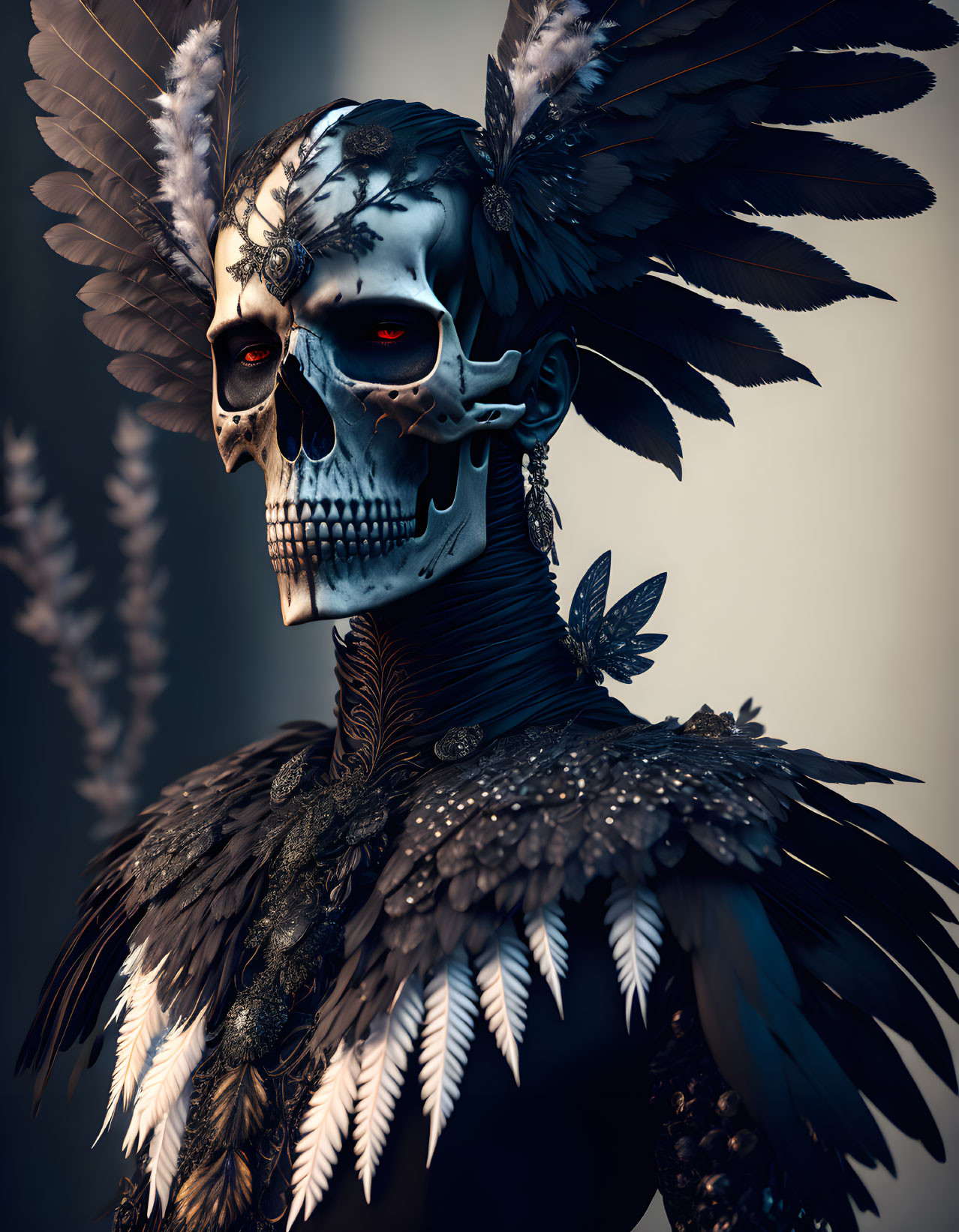 Skeleton adorned with feathers and tribal patterns for a mystical look