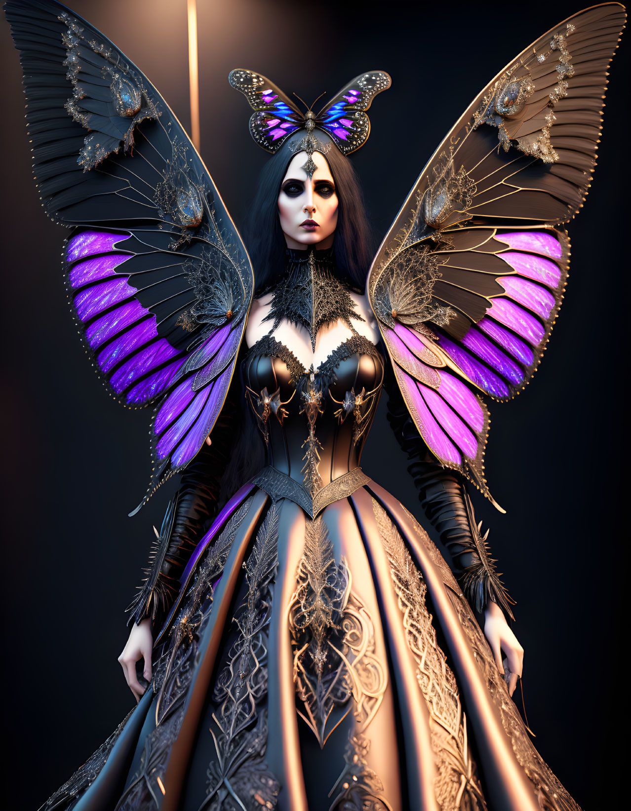 Fantastical figure with butterfly wings and vibrant purple hues