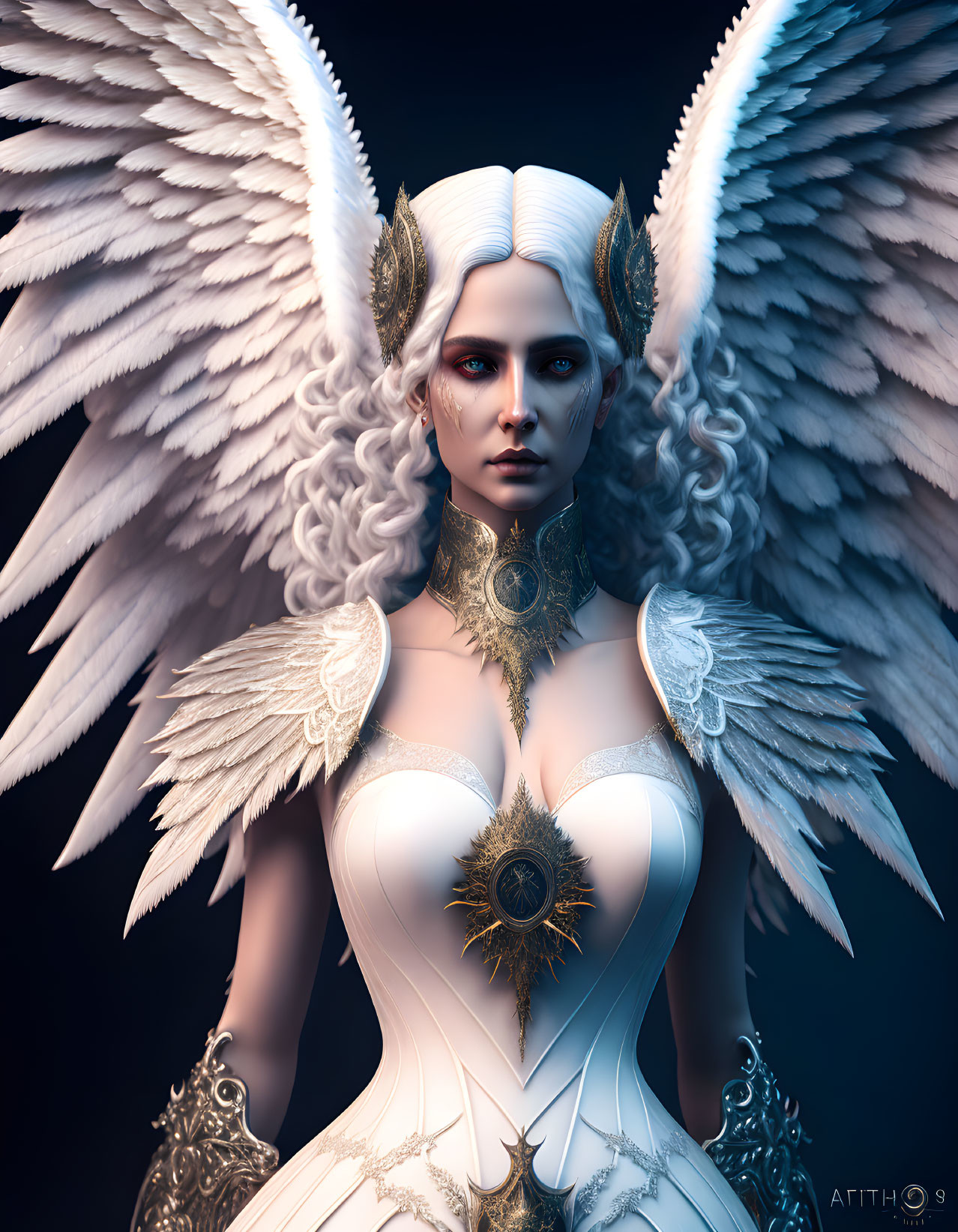 Fantastical female figure with white wings and ornate armor on dark background