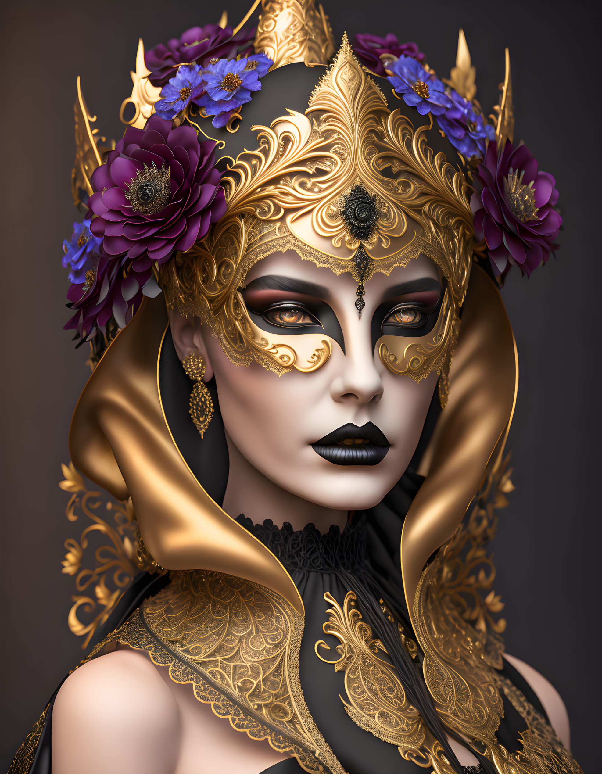 Person in ornate golden mask with purple flowers and regal headpiece on neutral background