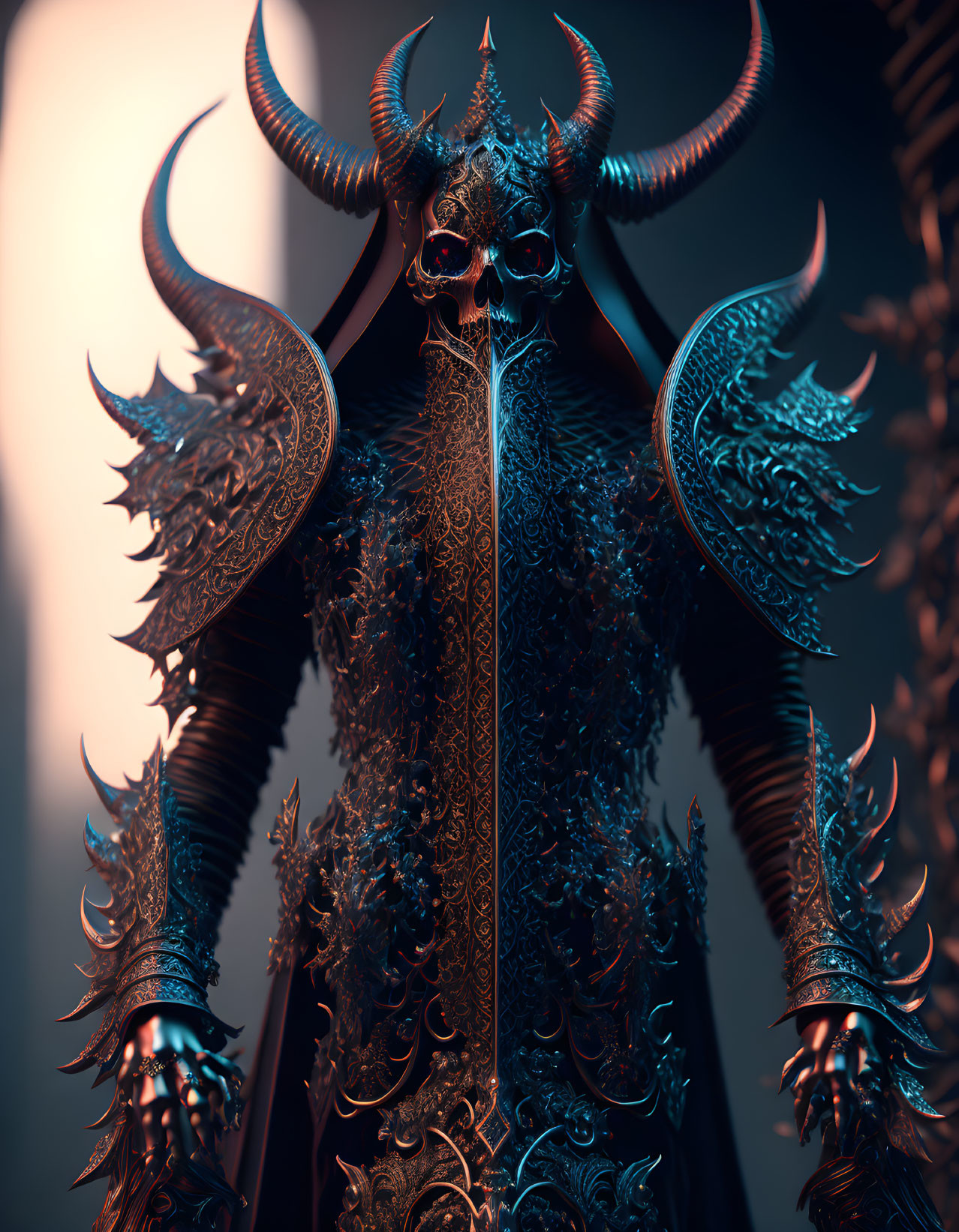 Dark armored figure with spiked shoulders and horns in a malevolent setting