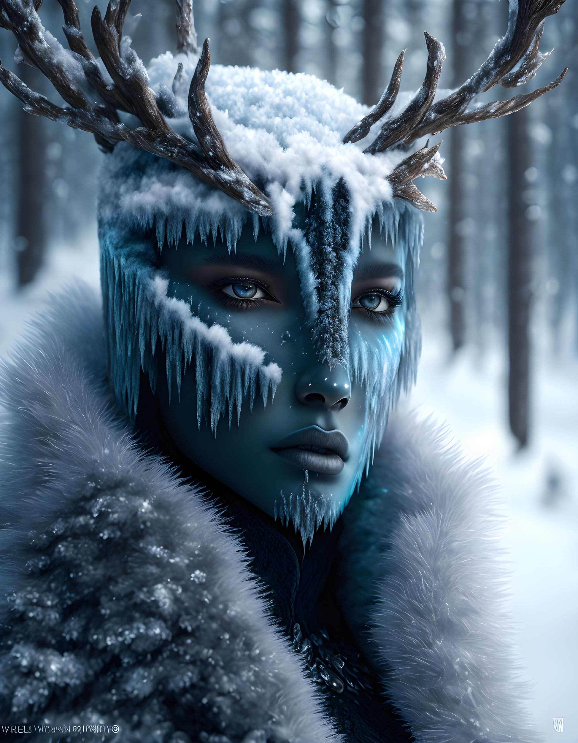 Blue-skinned fantasy character with icicle antlers, frosty makeup, and fur clothing in snowy