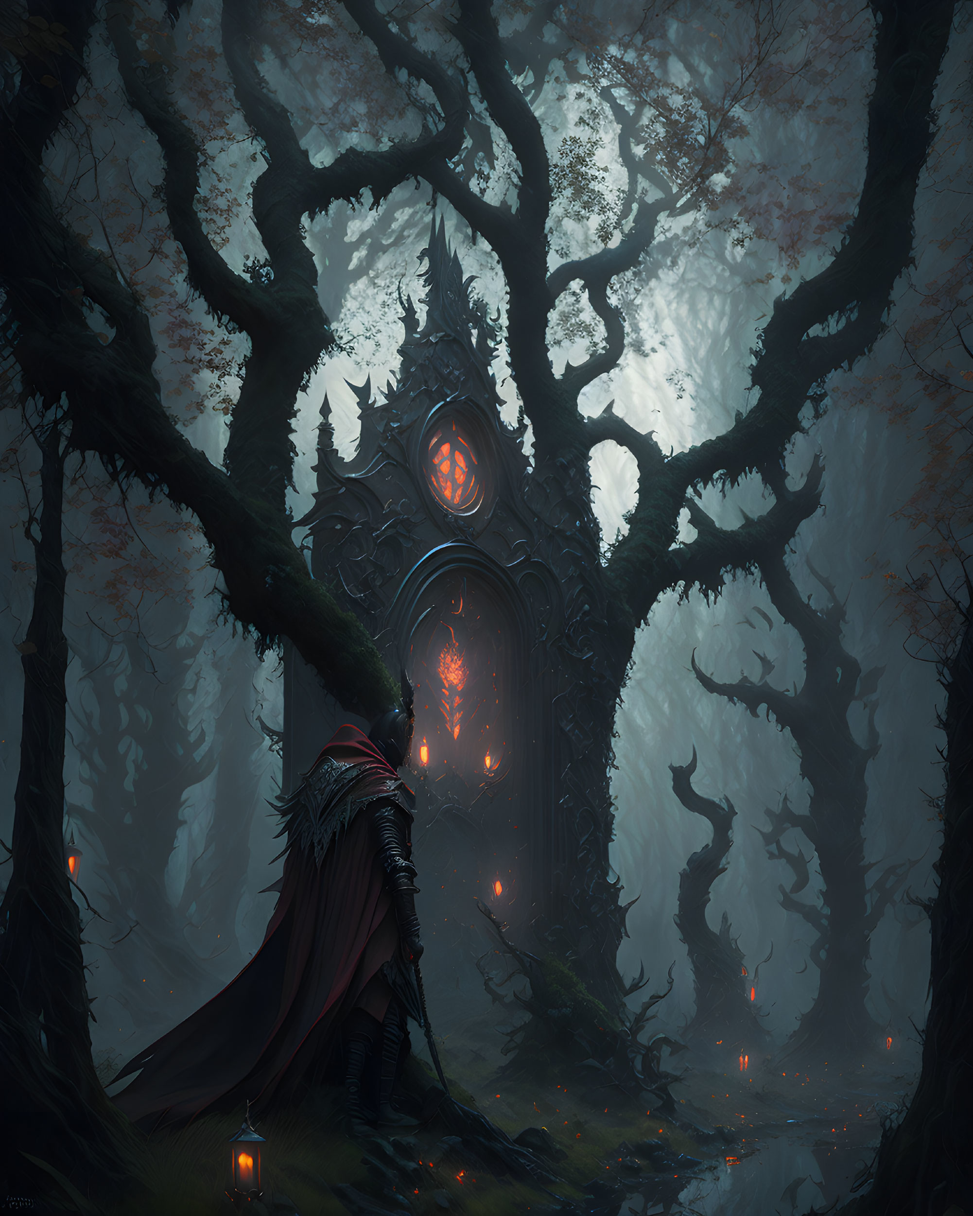 Cloaked figure near glowing door in mystical forest