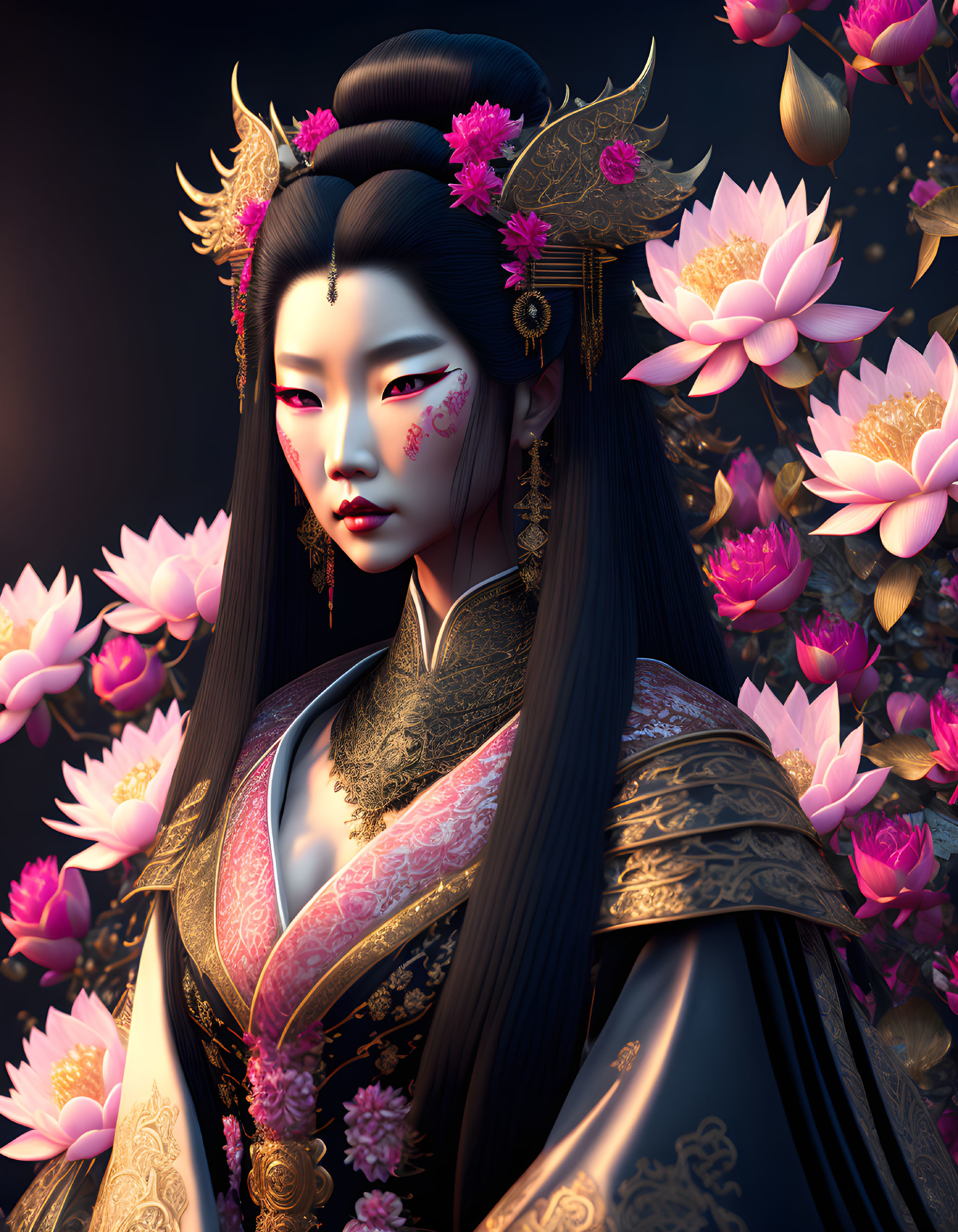 Illustrated woman in traditional East Asian attire with pink flowers and gold jewelry among pink lotus flowers