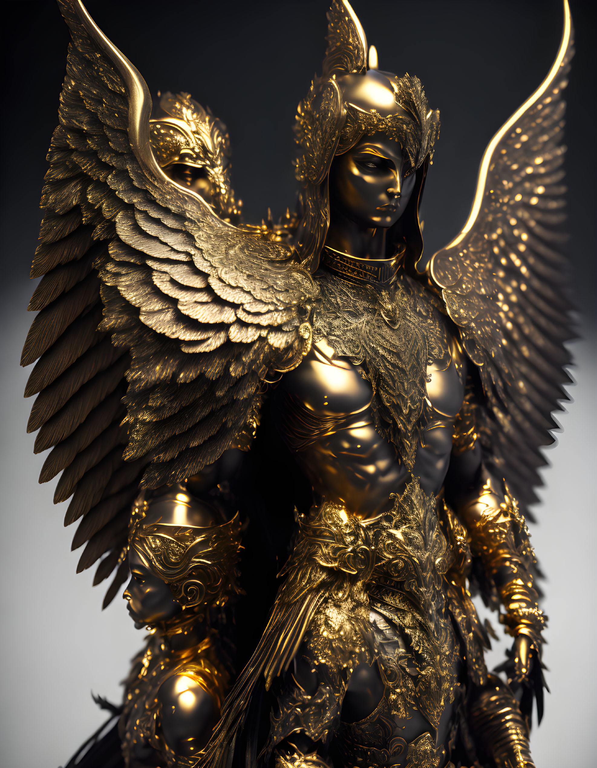 Golden Armored Figure with Wings and Horned Helmet: Majestic and Regal Essence