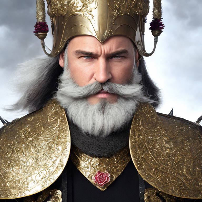 Bearded man in golden armor against cloudy sky