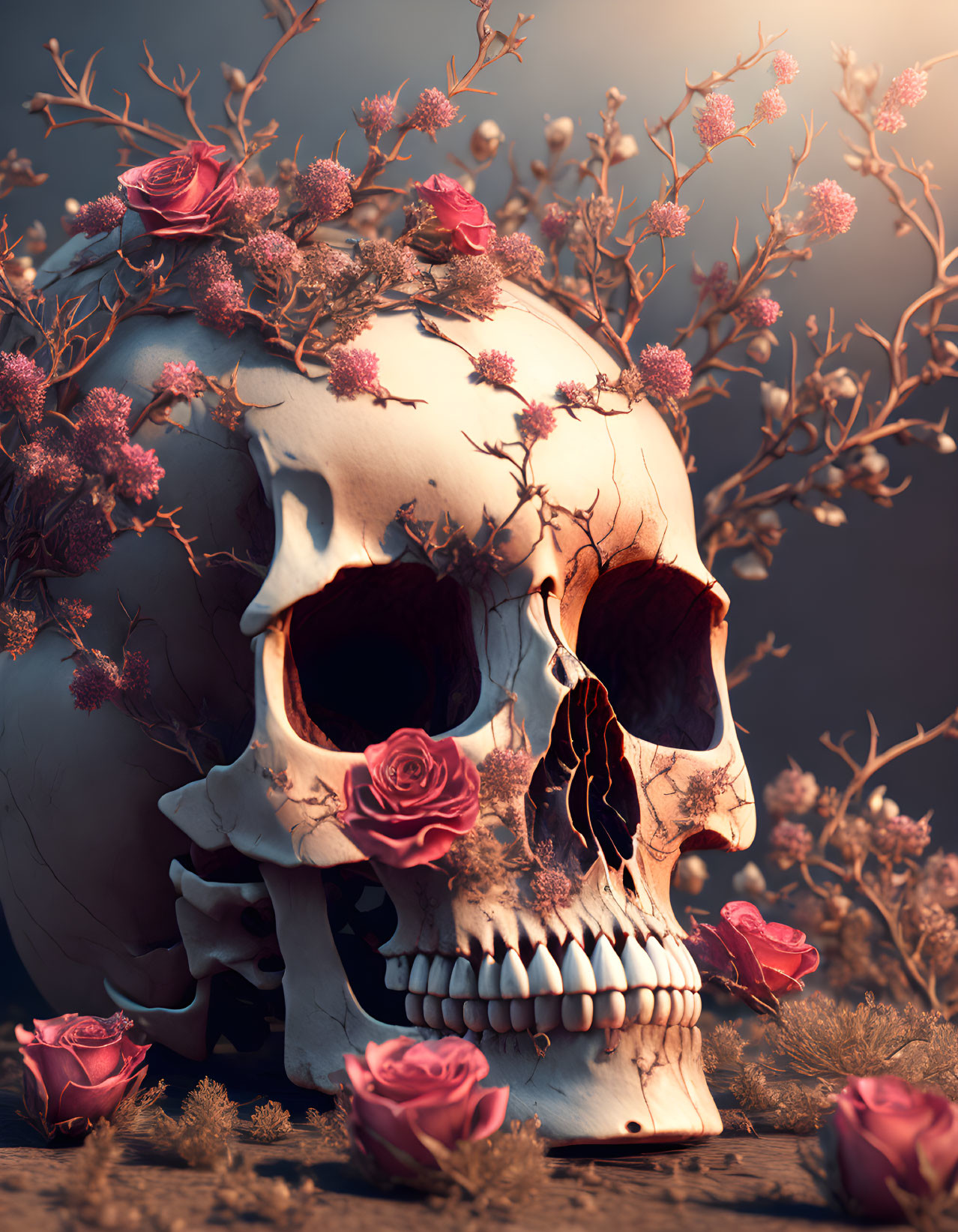 Skull with pink roses and flowers on moody backdrop with branches.