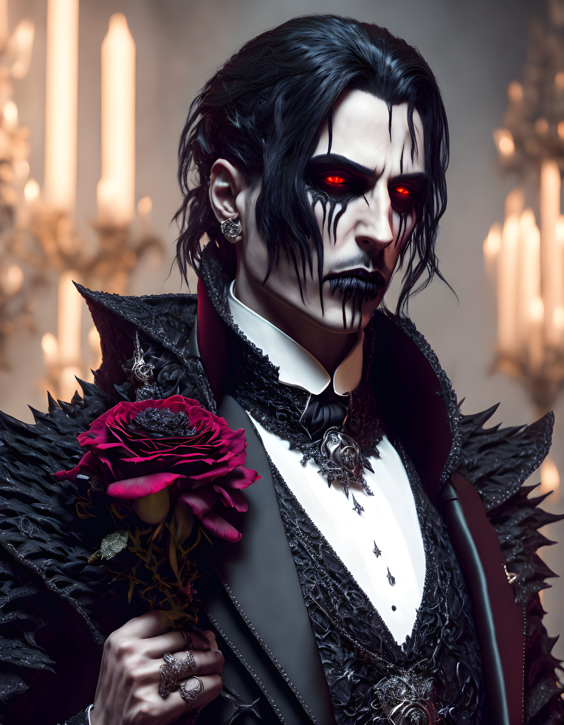 Gothic vampire illustration with red eyes and dark rose in ornate Victorian attire