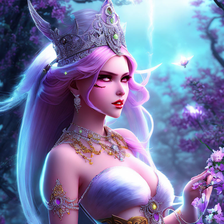 Purple-haired female elf in ornate crown in mystical forest with glowing butterflies