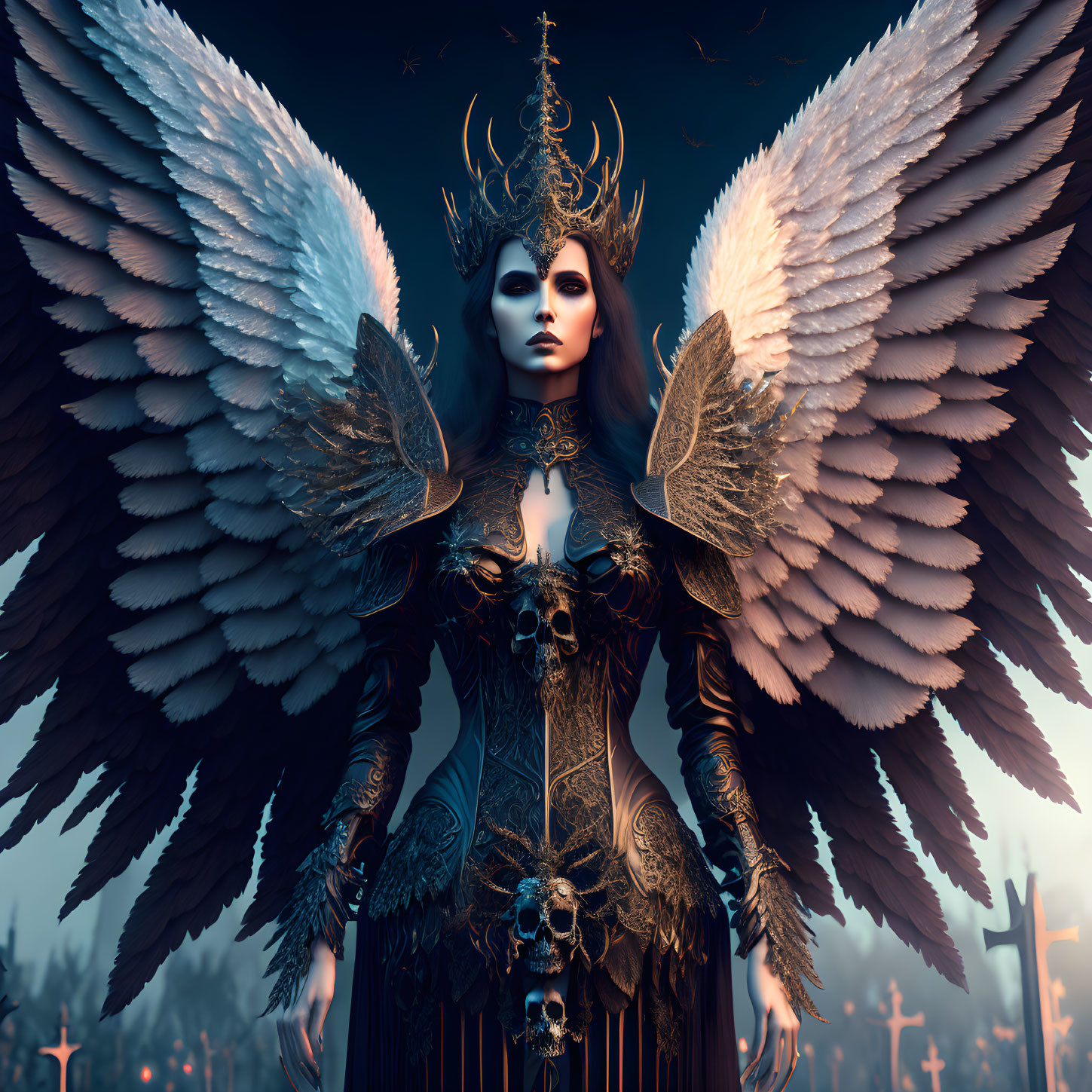 Majestic figure in dark armor with large wings amidst foggy graves