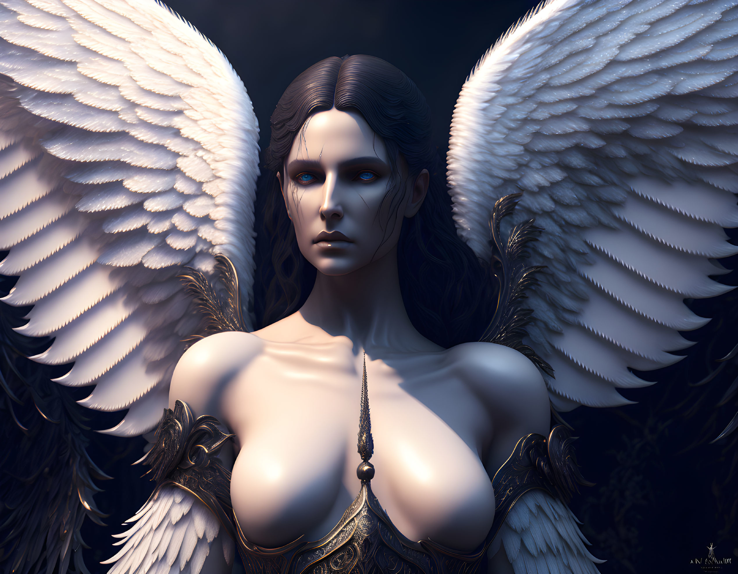 Digital Artwork: Woman with White Angel Wings and Golden Chest Piece