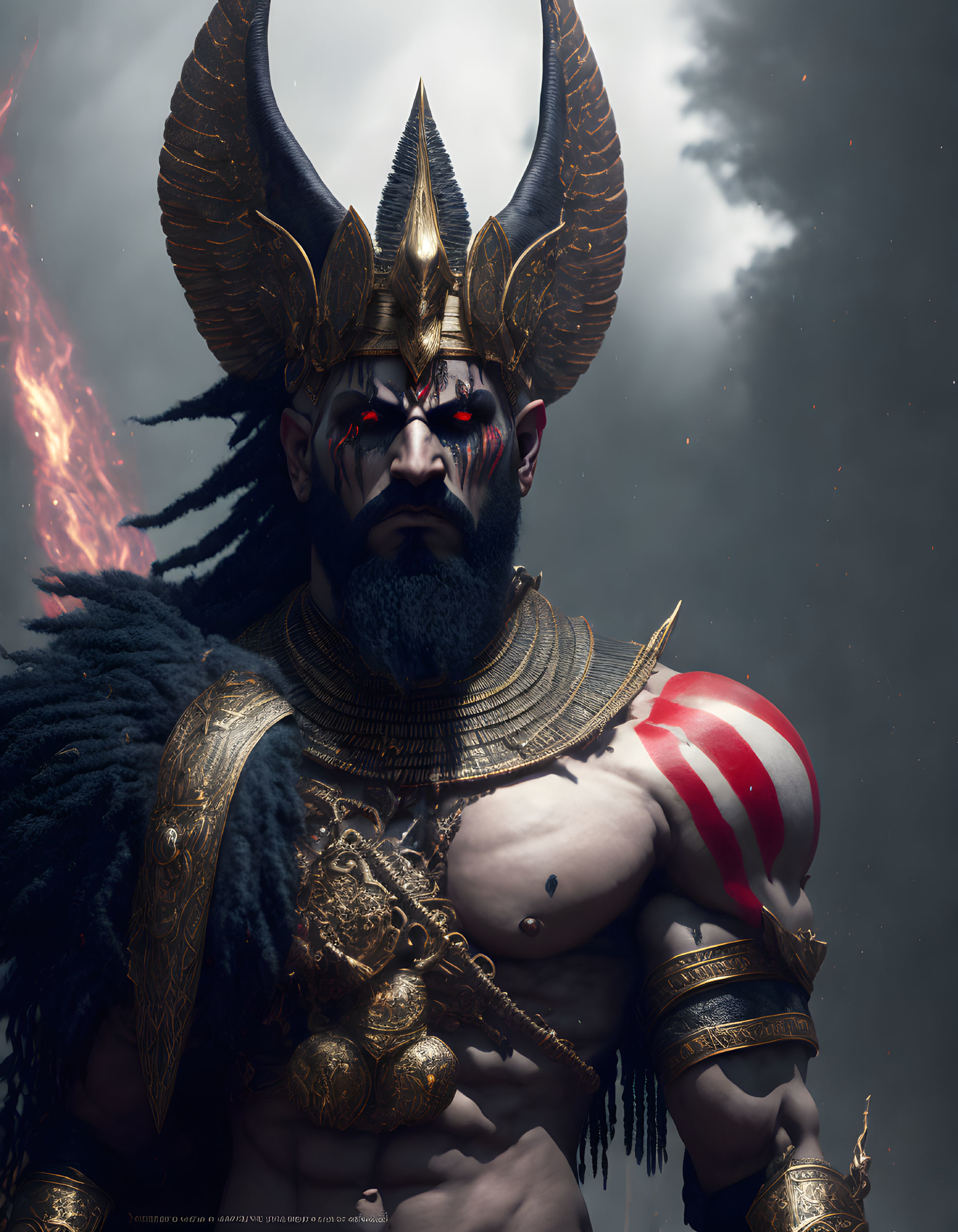 Mythological warrior digital artwork with horned helmet, red eyes, golden armor, and cape