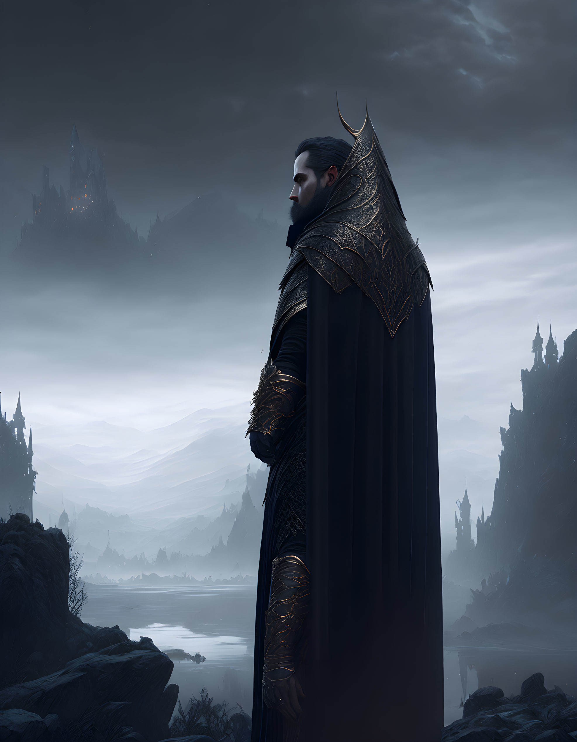 Regal man in black cloak before misty mountains