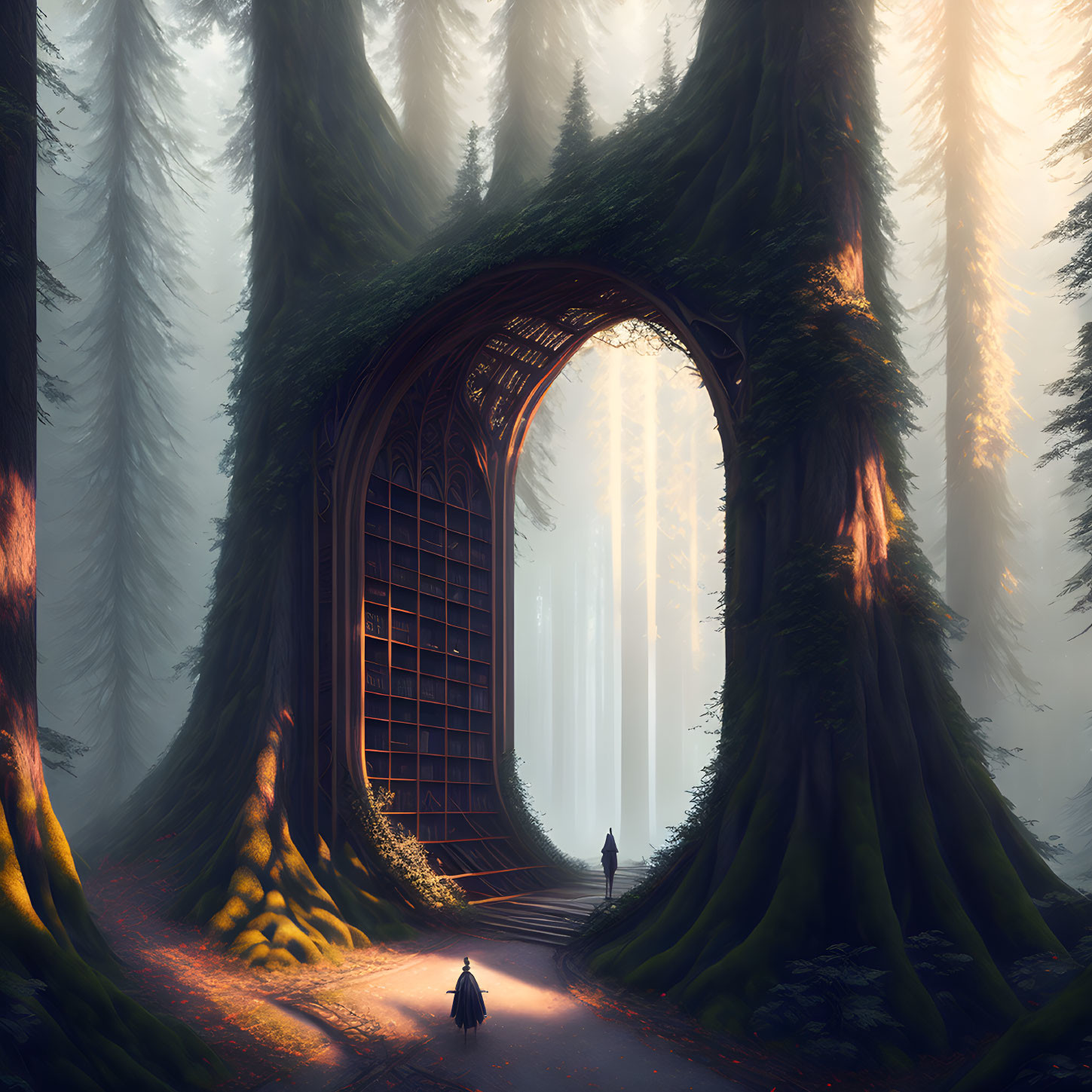 Ethereal forest scene with natural tree archway and two figures