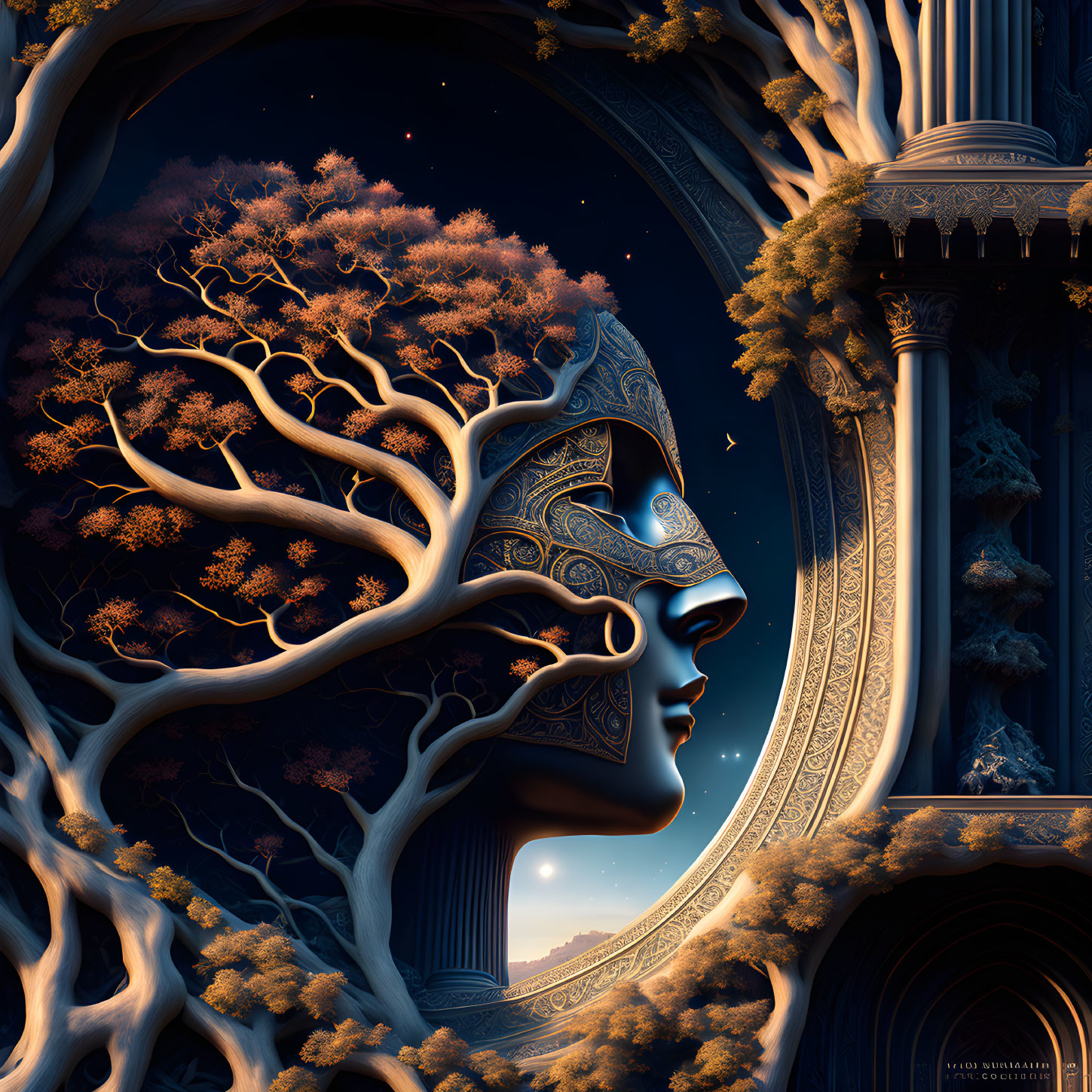 Fantastical female face merged with tree branches under night sky and ornate architecture.