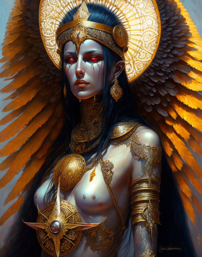Golden-winged female figure in ornate armor with halo headpiece and red facial markings
