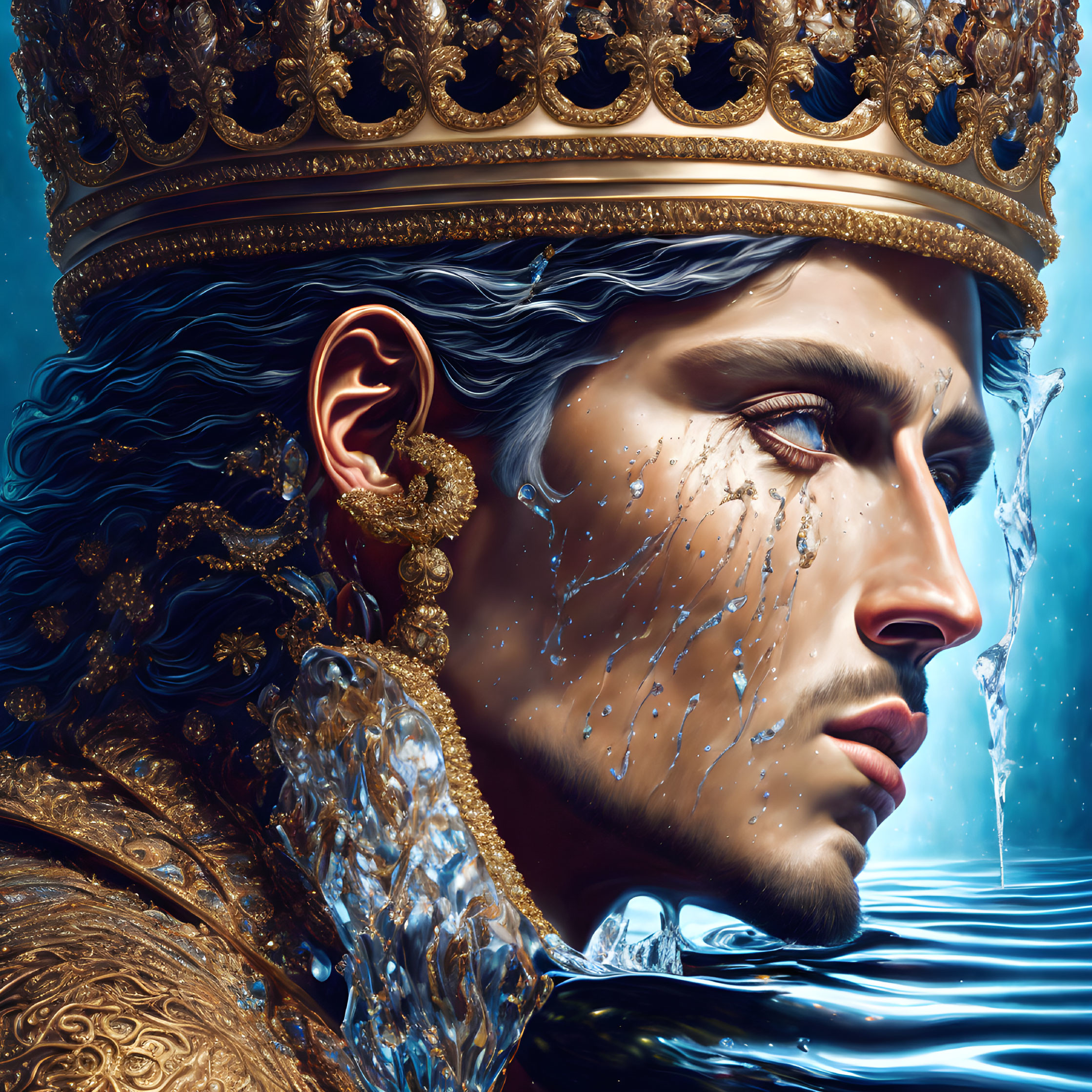 Detailed digital artwork of regal figure with golden crown and cascading water
