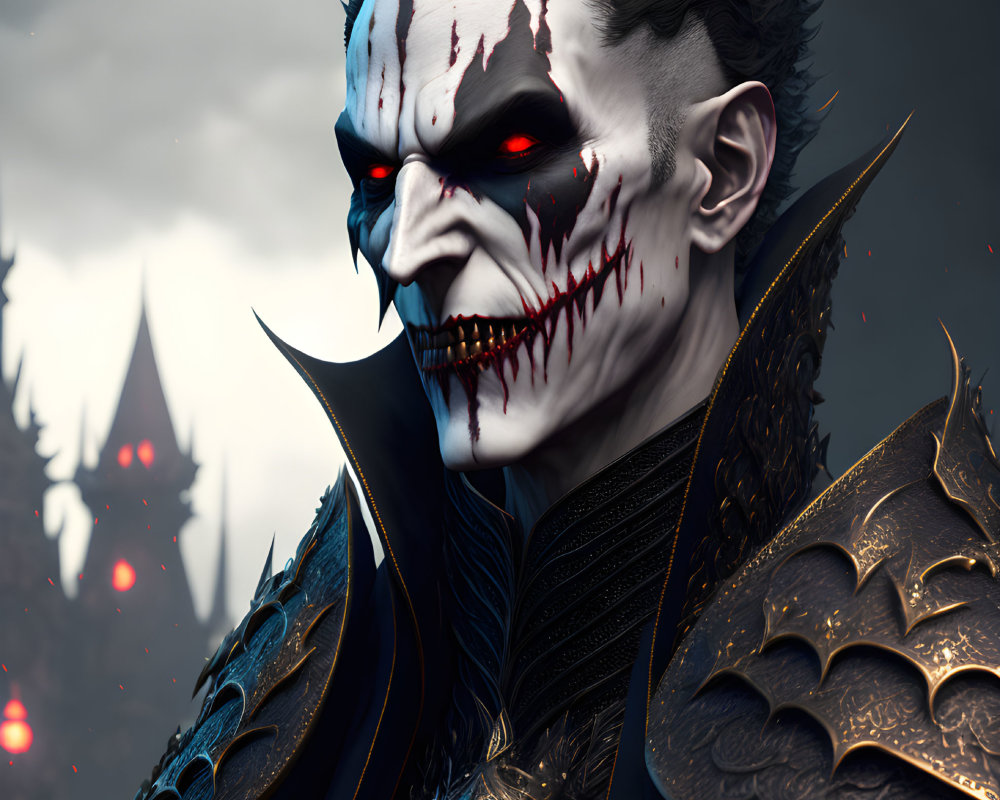 Dark armored figure with vampire-like features in front of gloomy castle.