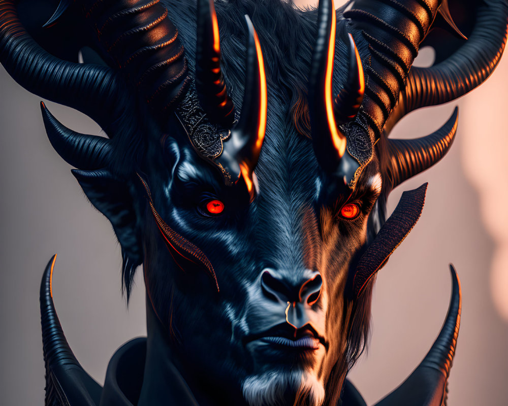Digital art: Demonic character with red eyes, curved horns, and intricate armor on neutral backdrop