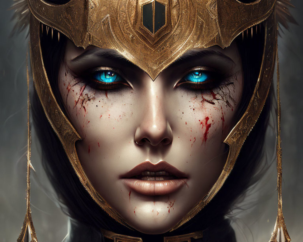 Close-Up of Woman with Striking Blue Eyes, Dark Hair, Golden Crown, and Blood Splatters