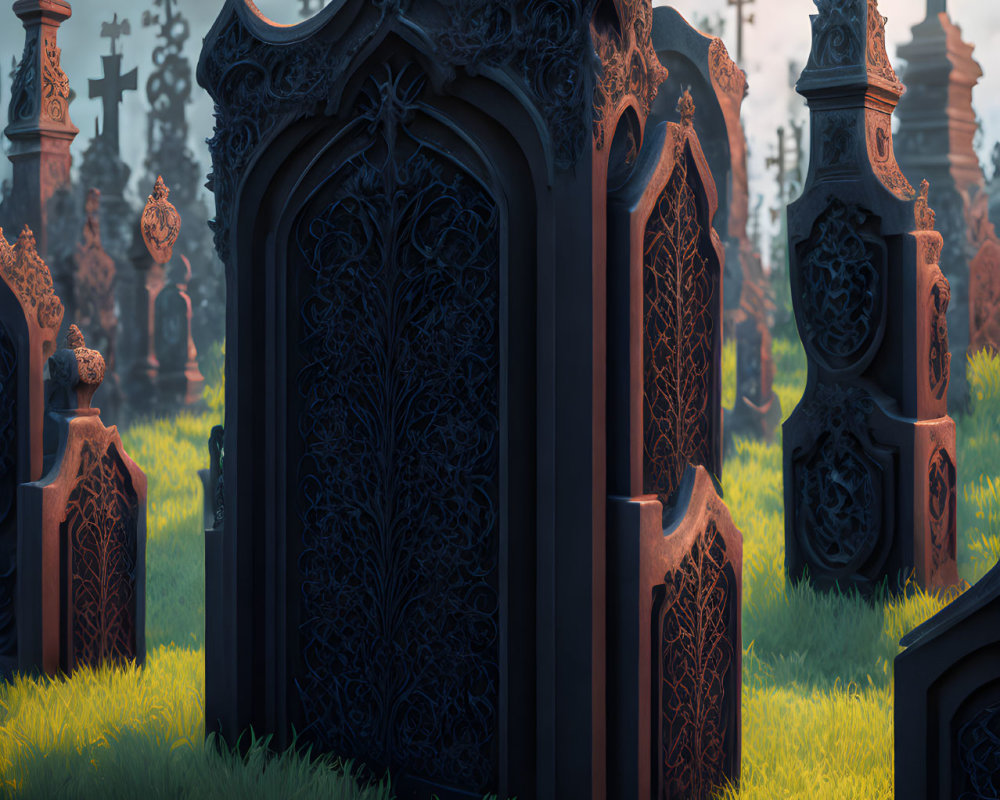 Ornate Gothic-style wrought iron gate in moody cemetery at dusk