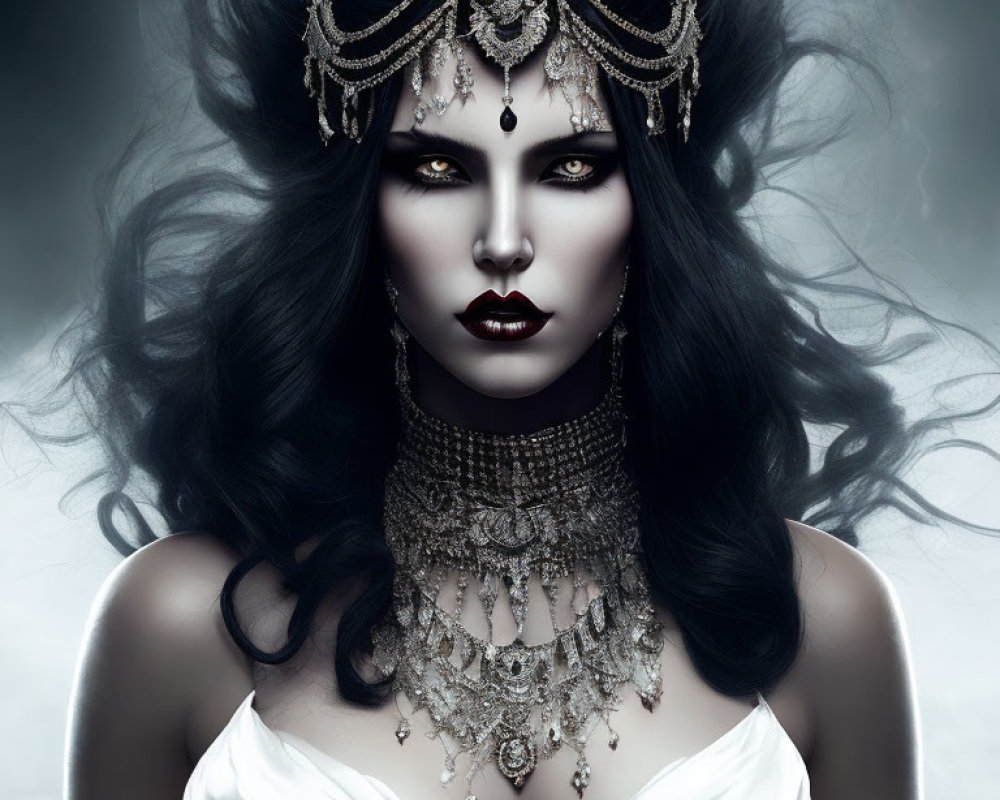Gothic woman with pale skin and dark hair in striking makeup