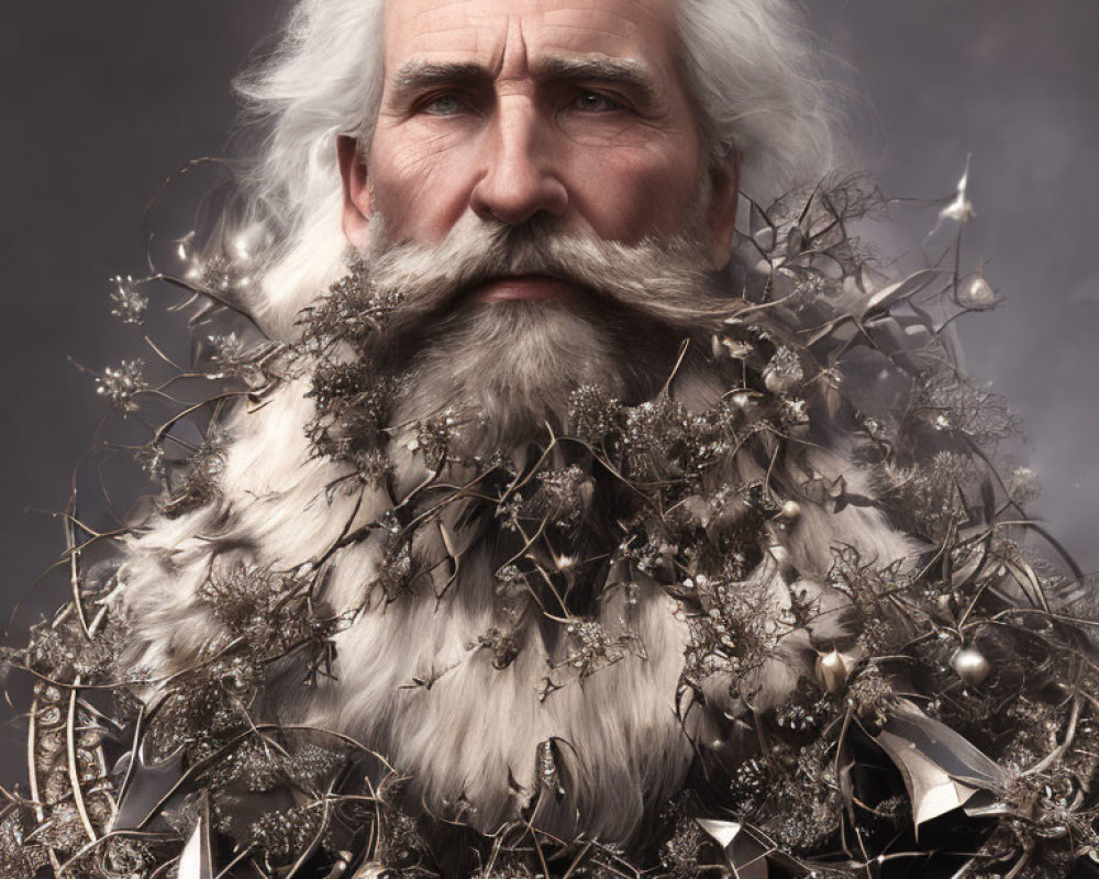 Elder Man with White Beard, Twigs, and Crystals