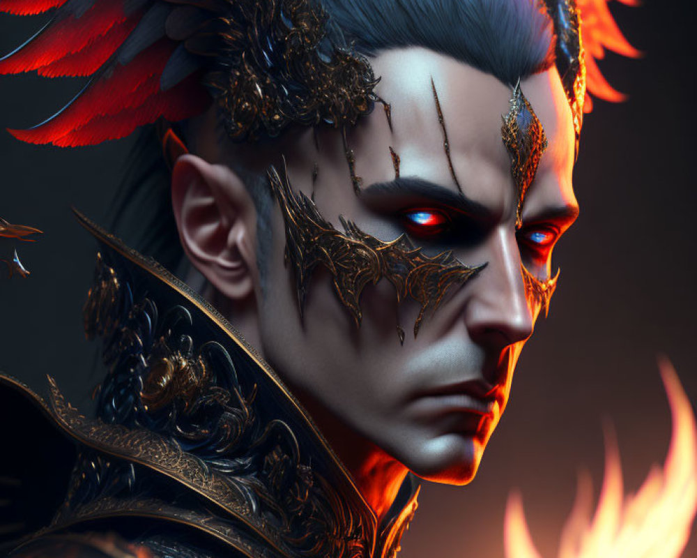 Detailed 3D illustration of person in demonic armor with wing motifs
