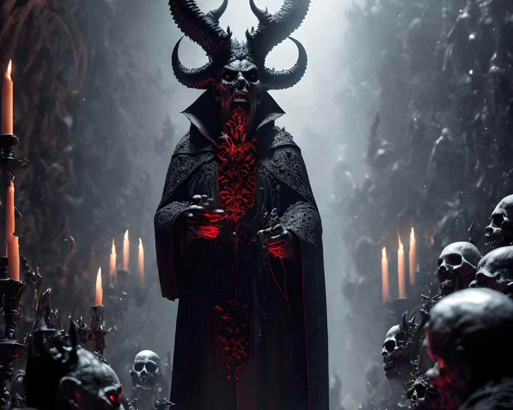 Dark Fantasy Figure with Glowing Red Patterns Among Skulls and Candles