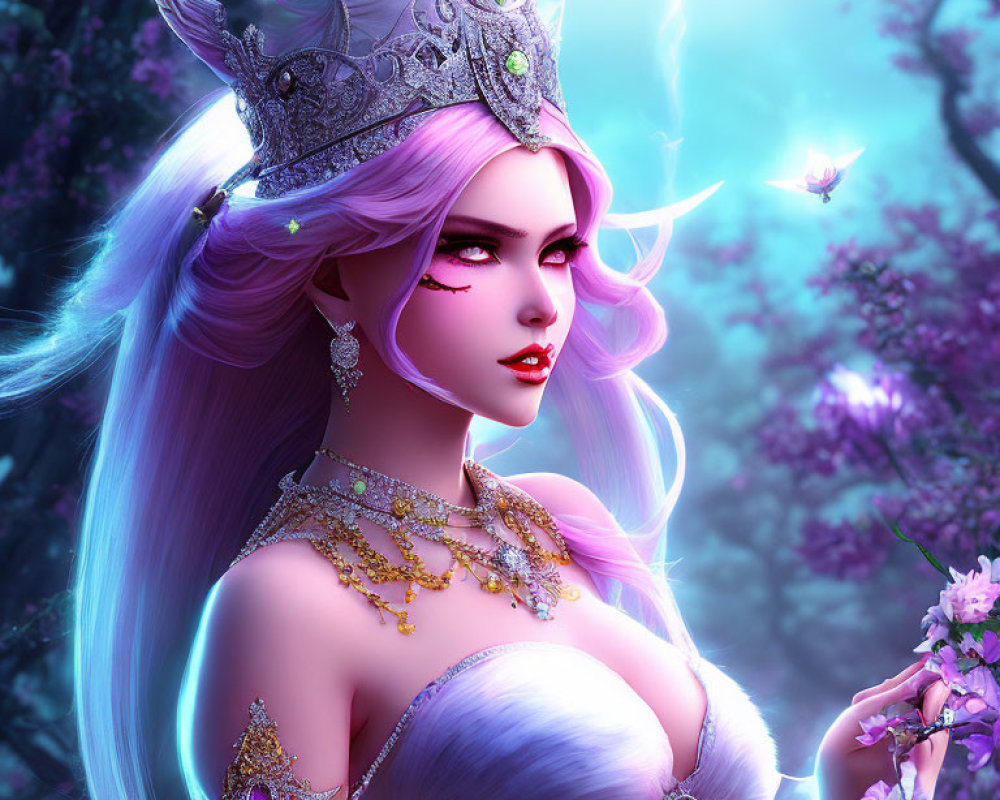 Purple-haired female elf in ornate crown in mystical forest with glowing butterflies