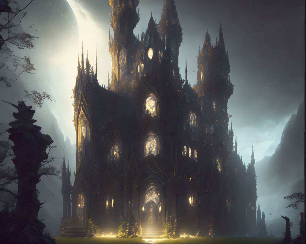 Mystical illuminated gothic cathedral in moonlit night