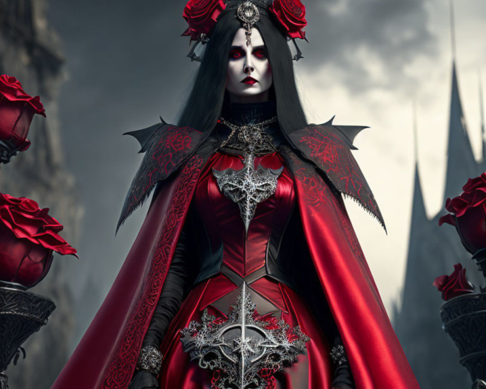 Gothic figure in red and black dress with crown and roses on stormy castle backdrop