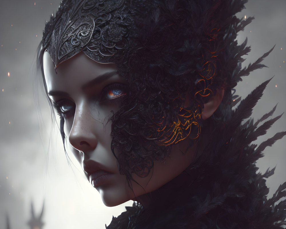 Fantasy portrait of woman in dark feathered attire against castle backdrop