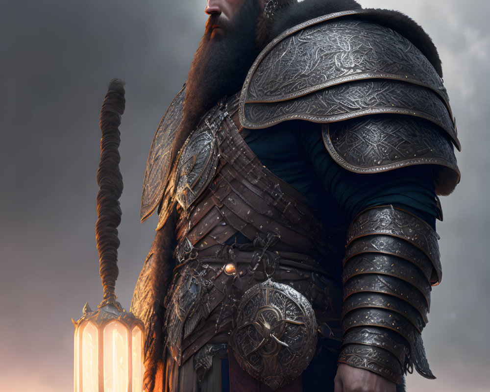 Digital artwork of Viking warrior with lantern in horned helmet against cloudy dusk sky