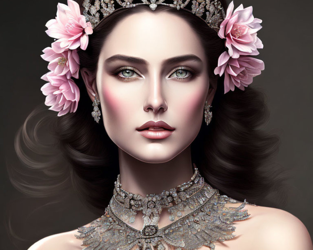 Woman with Green Eyes in Crystal Tiara & Pink Flower Adornments