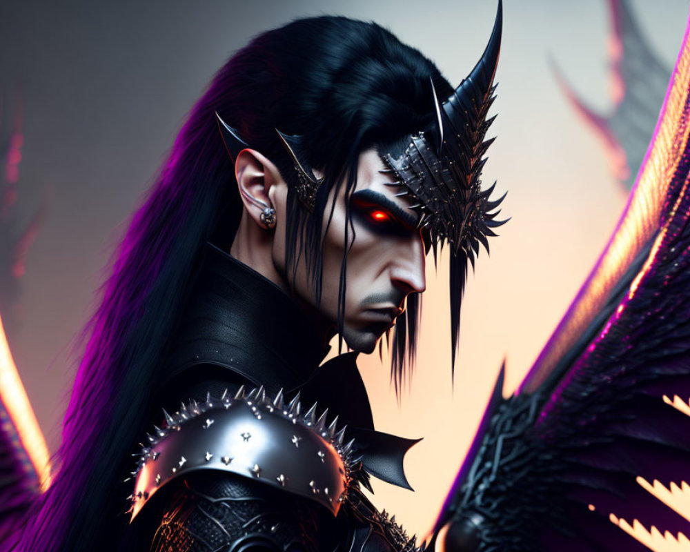 Dark male figure with pointed ears, red eyes, and black armor illustration