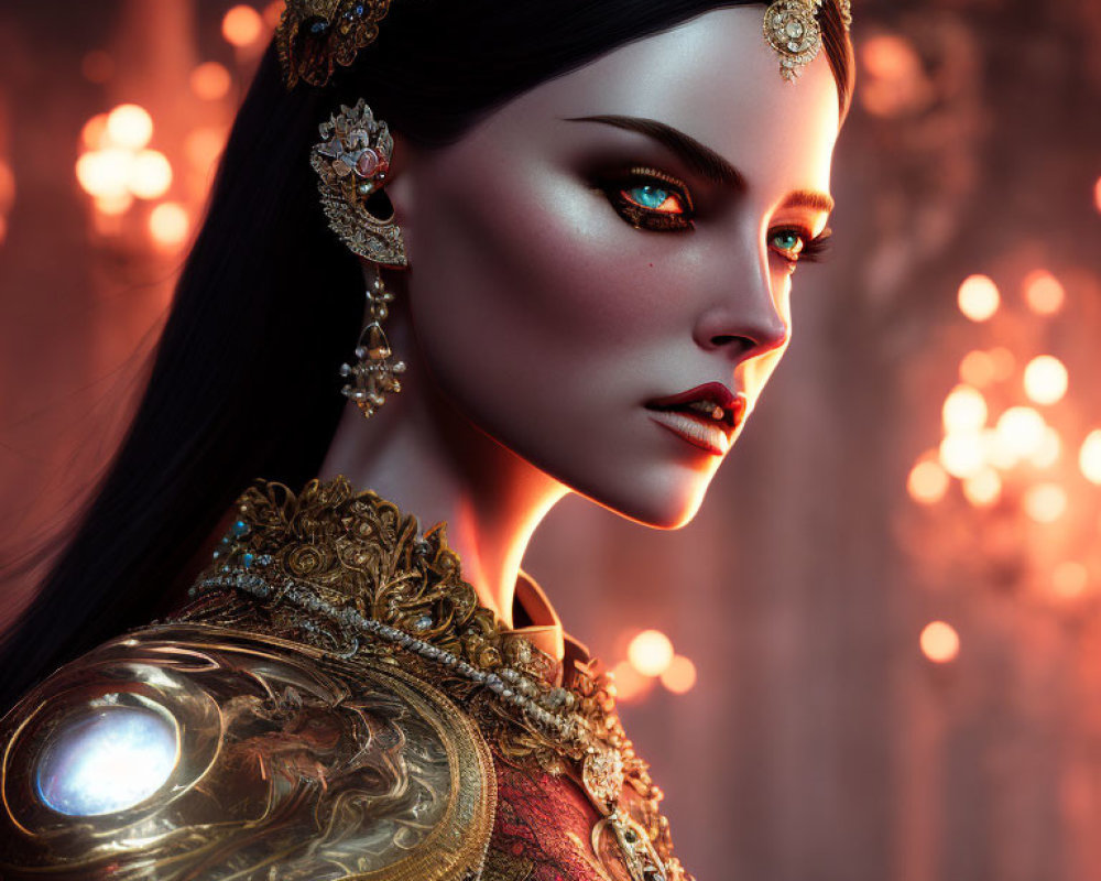 Detailed 3D rendering: Woman with red eyes, golden headpiece, glowing armor on warm backdrop