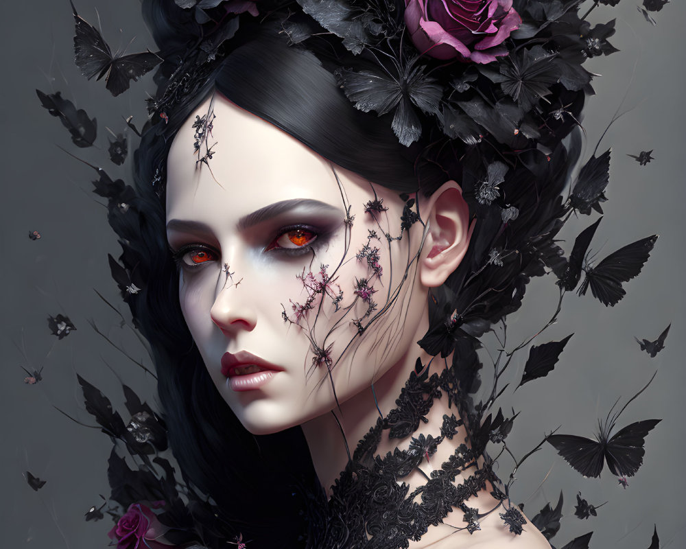 Stylized portrait of a woman with dark makeup and black crown of branches and roses