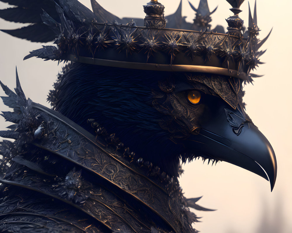 Regal crow with spiky crown in dark armor on misty backdrop