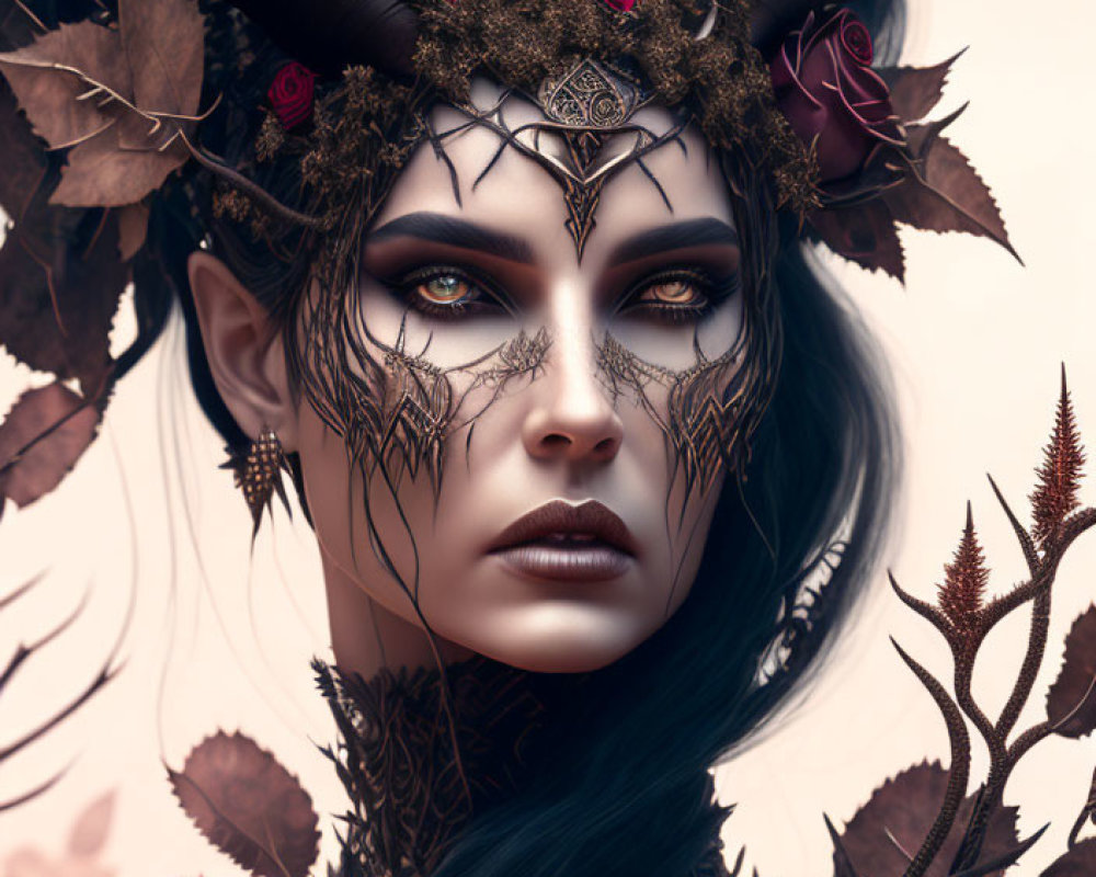 Person with dark makeup and horned headdress in floral setting