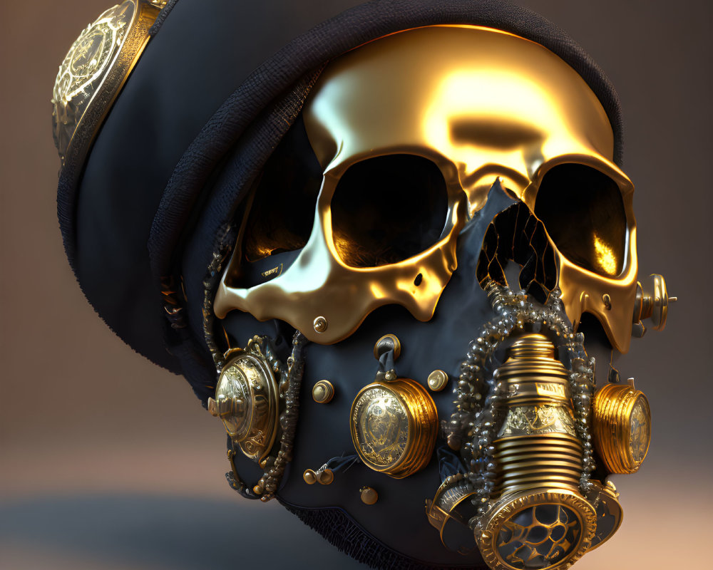 Golden skull with aviator cap, metallic gears, goggles, and respirator on brown background.