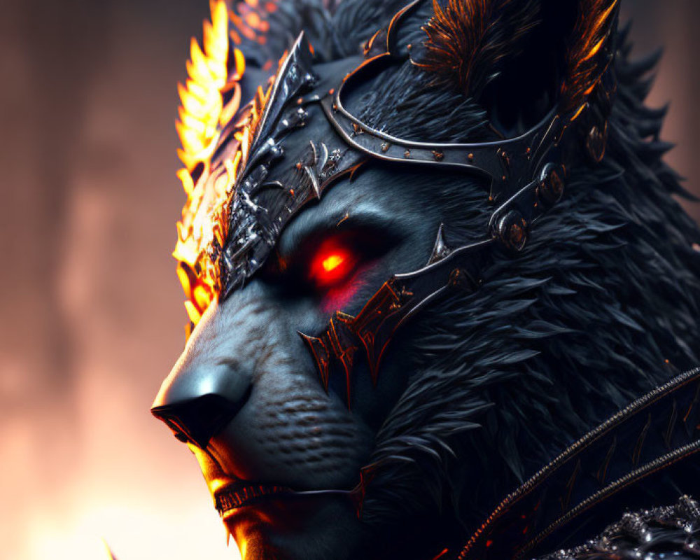 Fantastical wolf character in ornate armor and crown with red glowing eyes