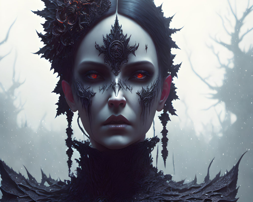 Portrait of a person with dark, stylized makeup in gothic attire against misty forest backdrop