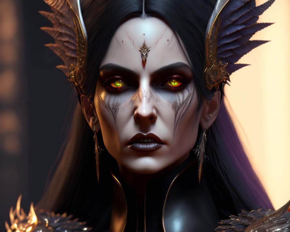 Fantasy female character with dark hair, golden winged armor, red eyes, stern expression