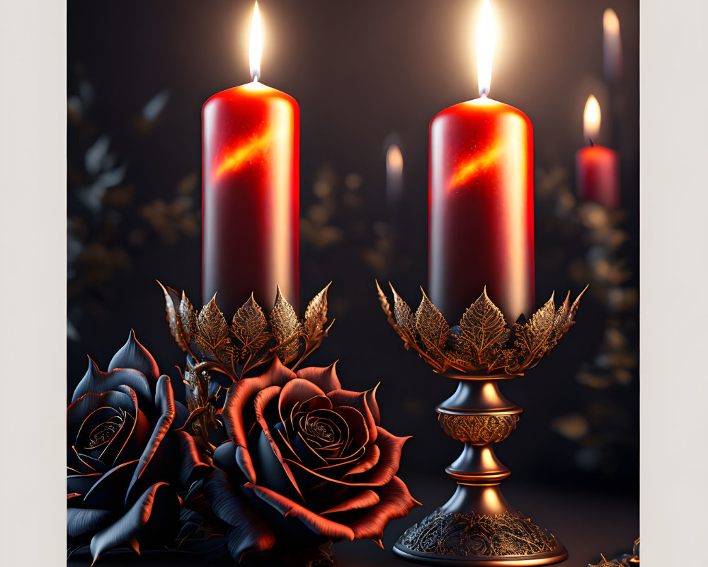 Three lit red candles on ornate stands among dark roses and metallic leaves, reflecting on a shadowy